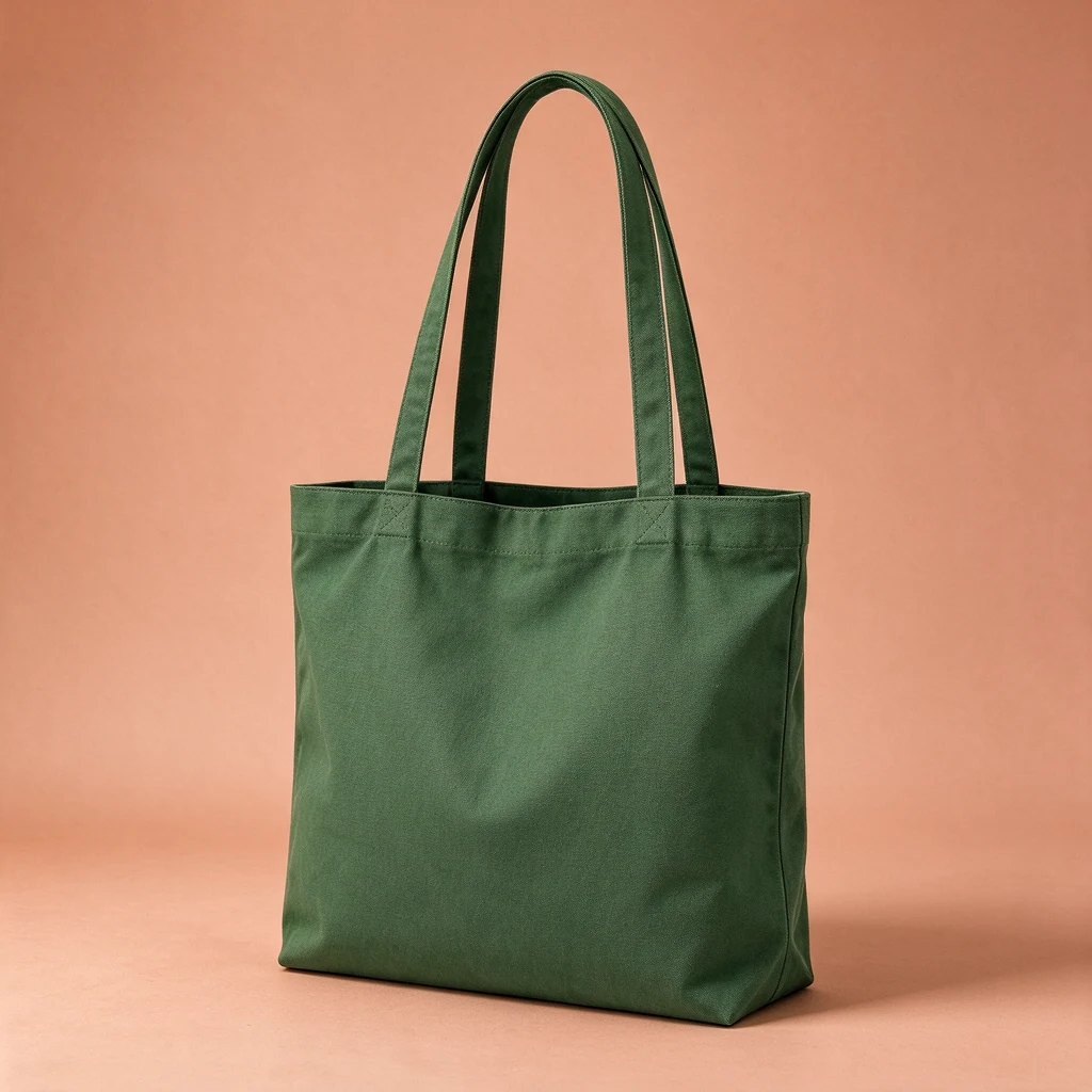 Test output: green tote bag on a pale terracotta background