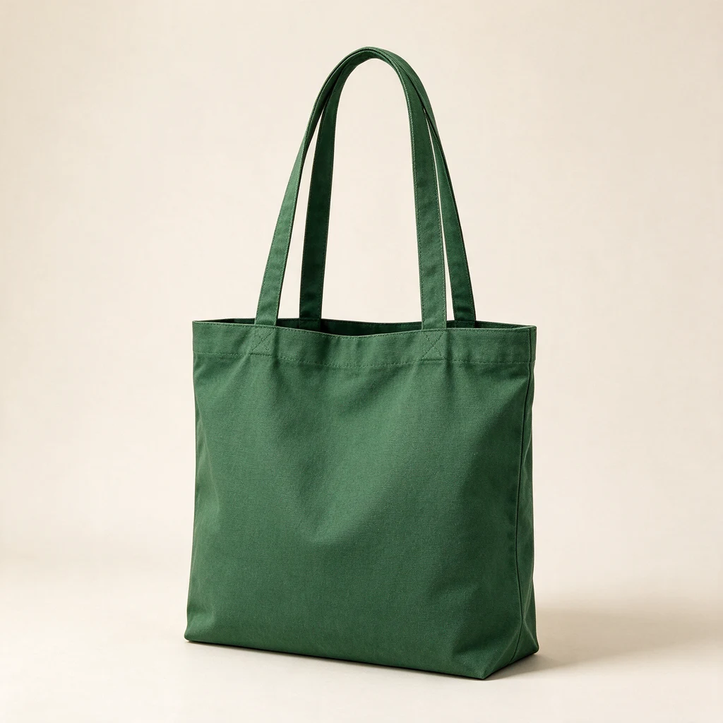 Original test image: plain green canvas tote bag on an ivory background